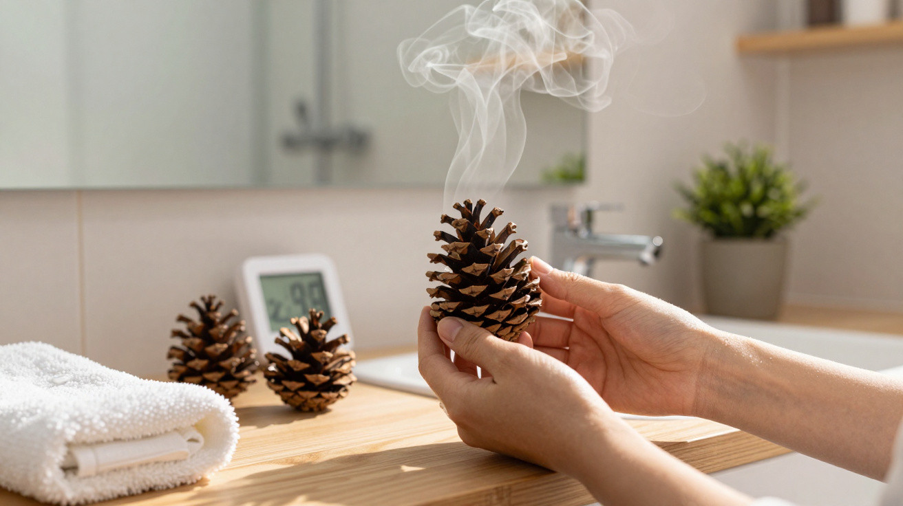 Hands holding a smoking pine cone over a wooden bathroom counter with towels and plants in the background