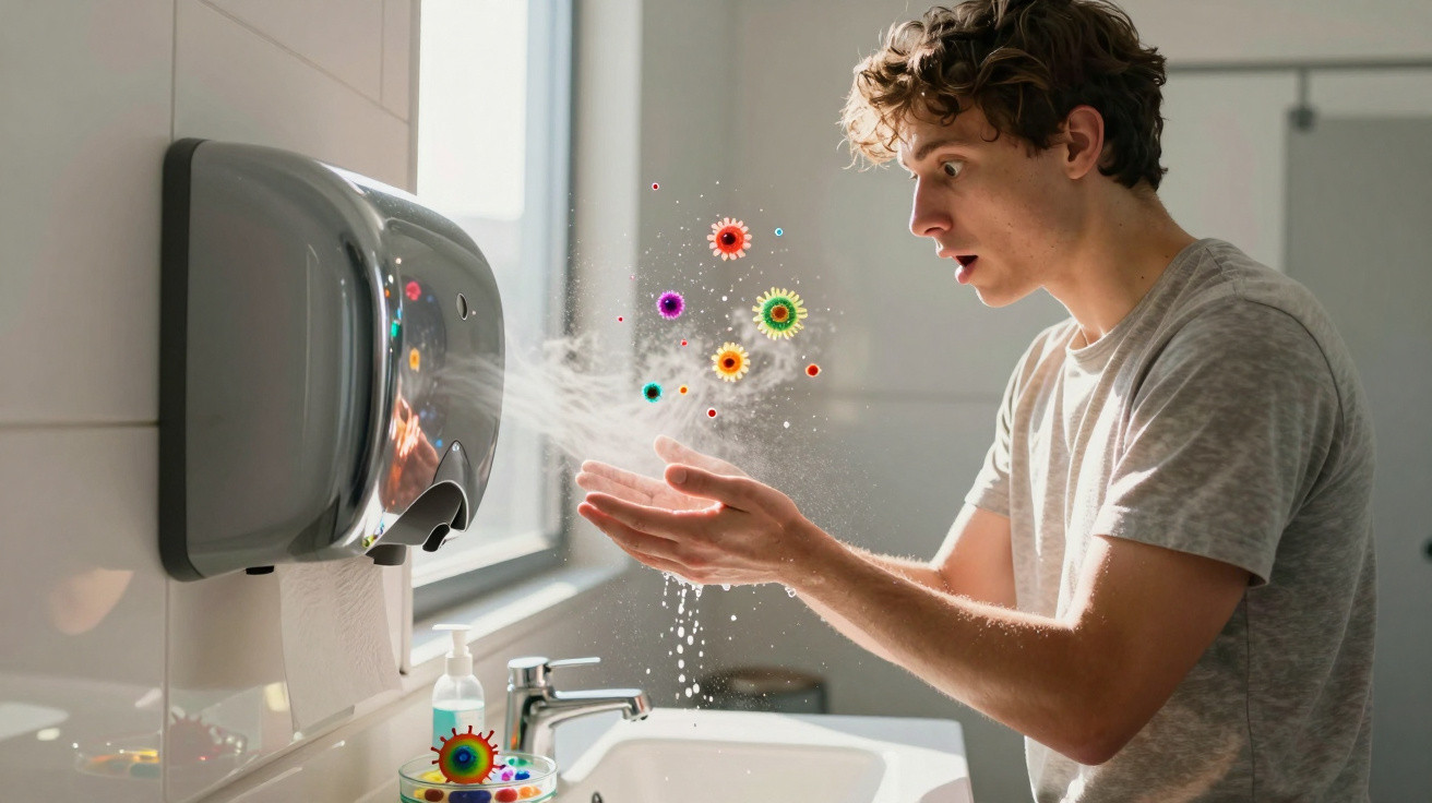 Young man using a hand dryer with colourful virus particles visible in the air above his hands in a bathroom.