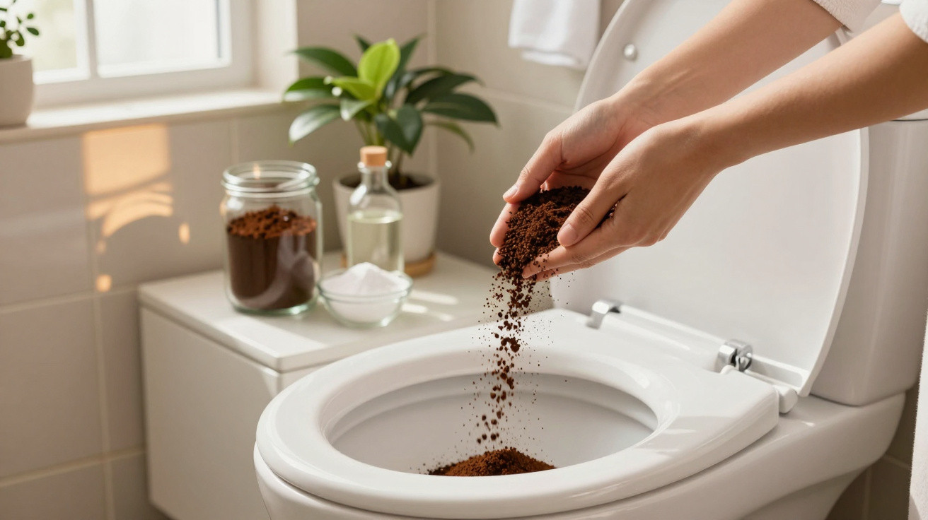 Hands pouring coffee grounds into a white toilet bowl in a bright, tiled bathroom.