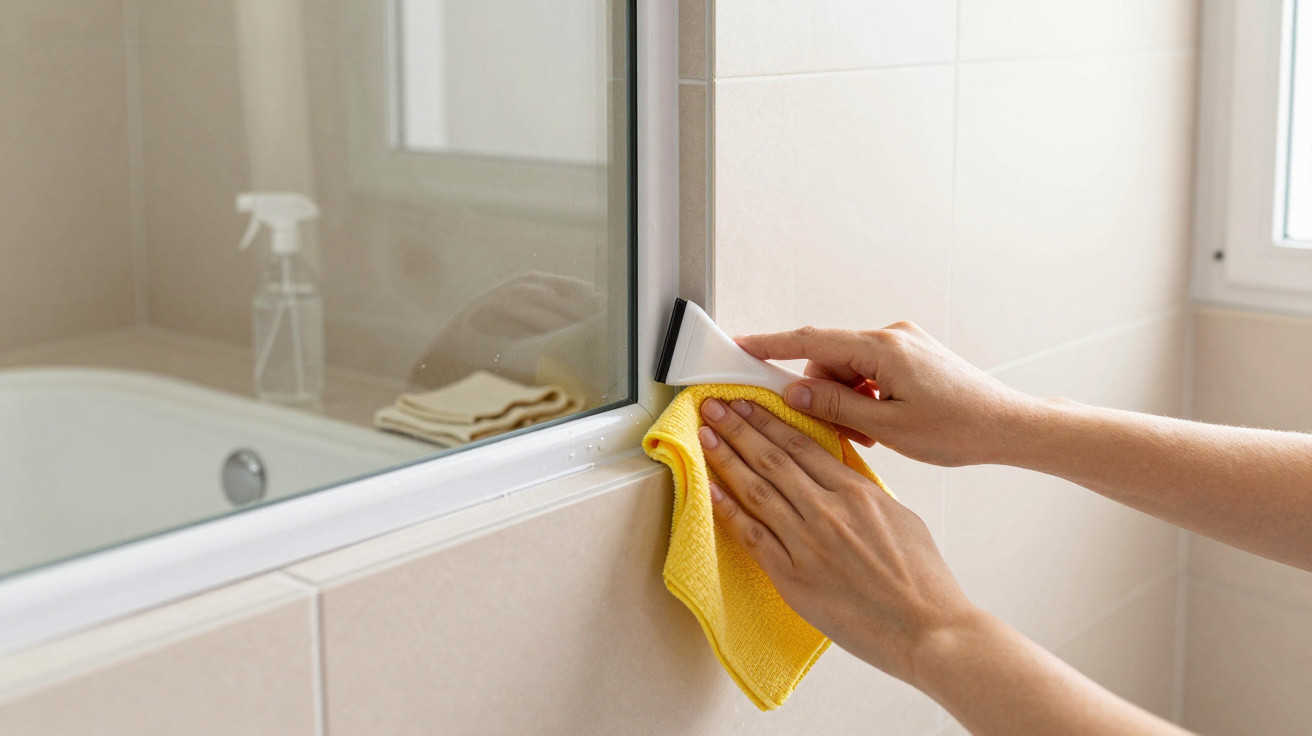 Hands cleaning a bathroom mirror edge with a scraper and yellow cloth on beige tiled wall.