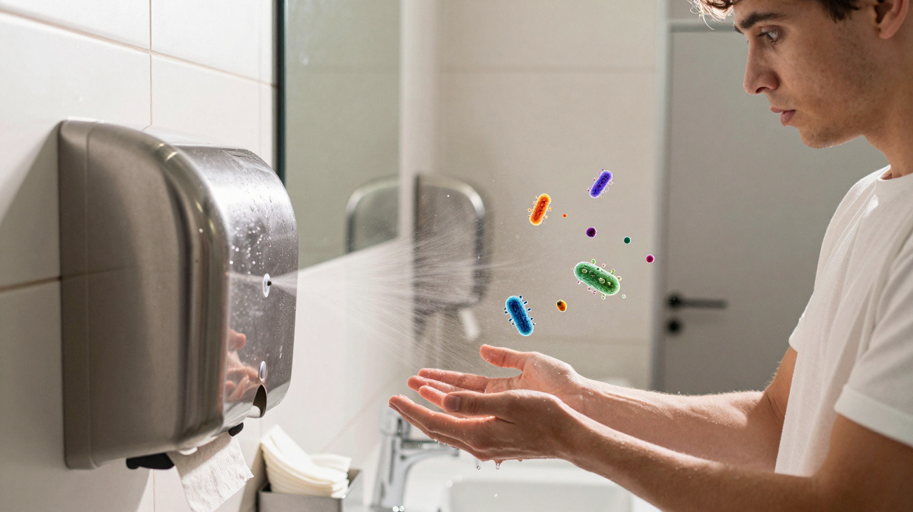 Man using a hand dryer in a bathroom with digital germs visible around his hands.