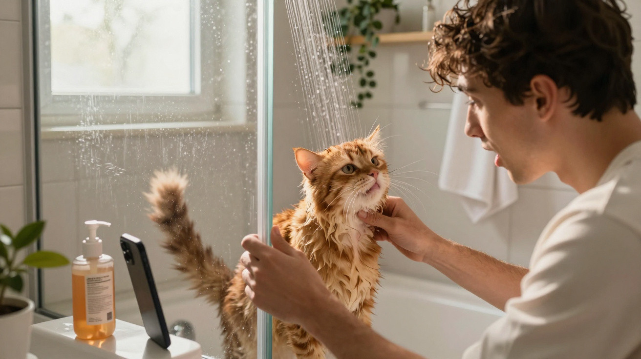 Man gently washing a wet ginger cat in a shower enclosure in a bright bathroom.