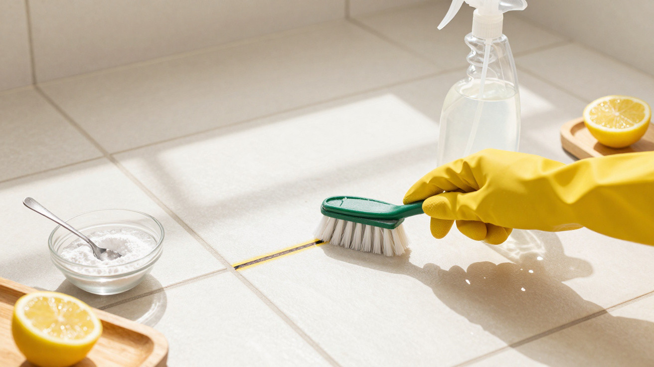 Hand in yellow glove scrubbing tile grout with brush, lemon halves, baking soda, and spray bottle nearby.