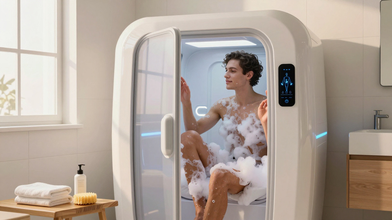 Person enjoying a foam-filled steam bath in a modern, enclosed spa pod in a bright bathroom.