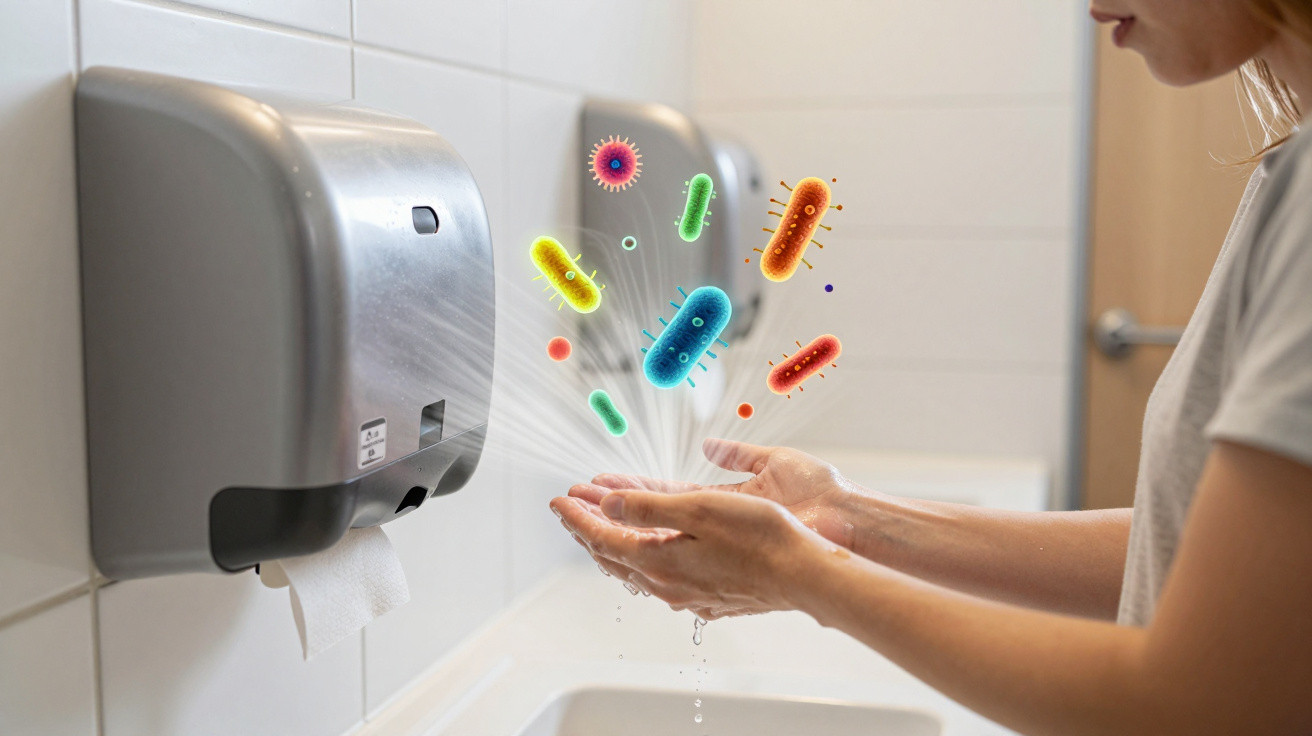 Person drying hands with paper towel dispenser, colourful illustrated germs visible on hands and air.