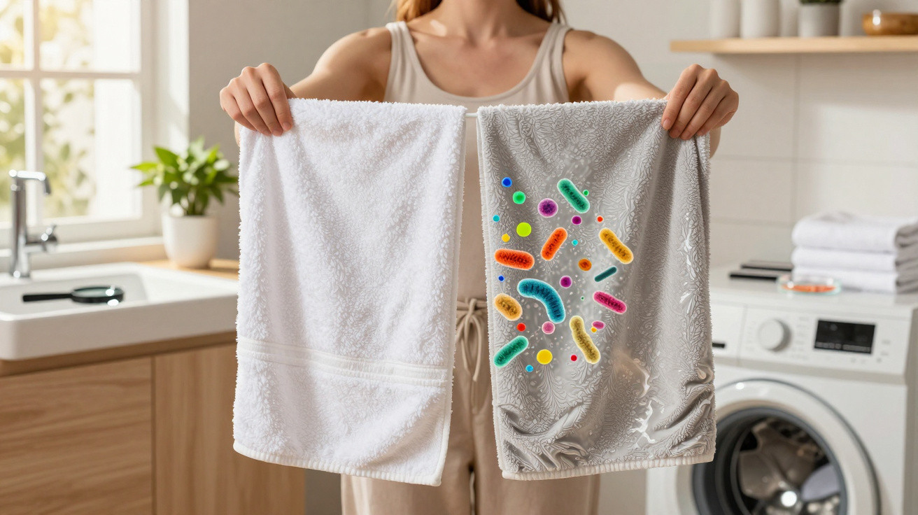 Person holding two towels, one clean white and one dirty grey with illustrated germs, in a laundry room.