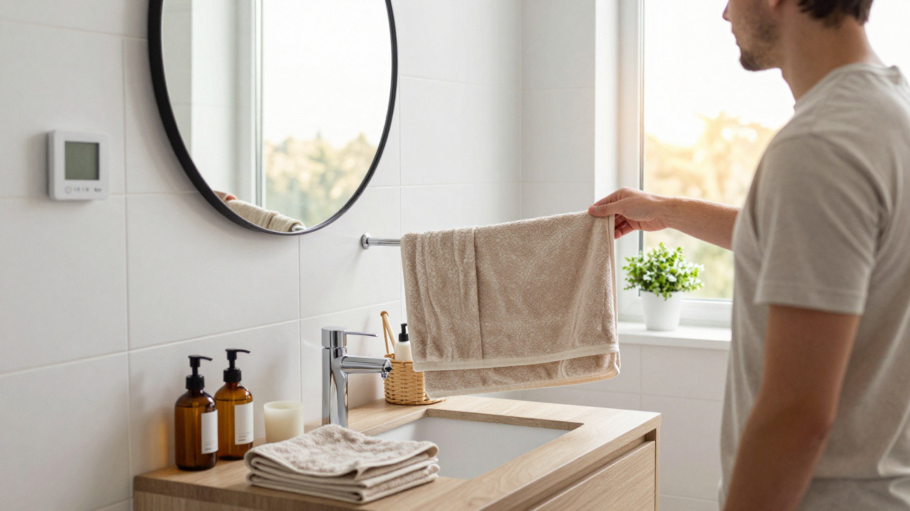Man holding a beige towel in a modern bathroom with a round mirror and wooden vanity.