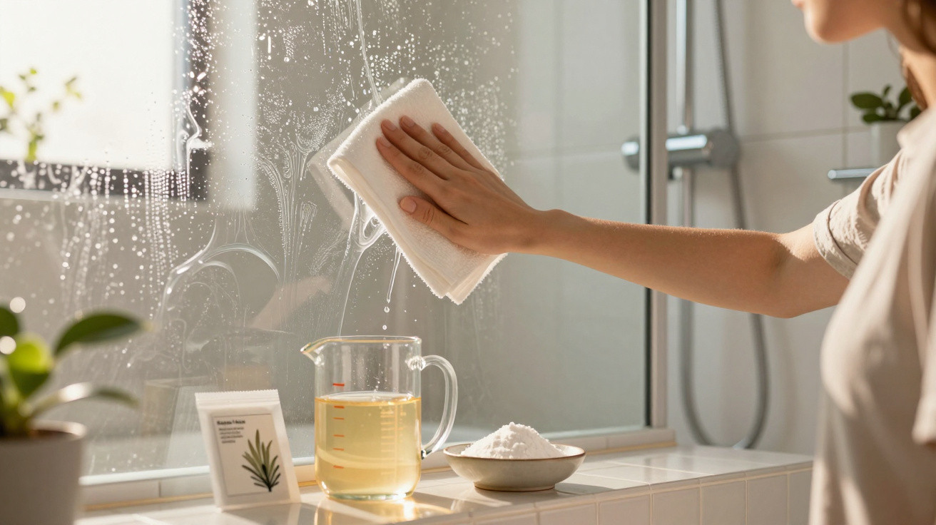 Person cleaning a glass shower door with a cloth and natural cleaning supplies on the tiled surface nearby.