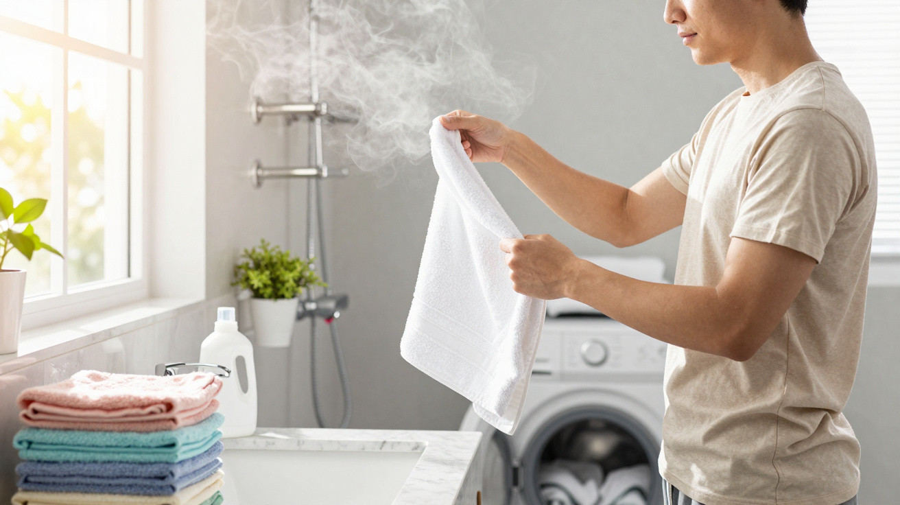 Person holding a steaming white towel in a bright laundry room with folded towels and washing machine.