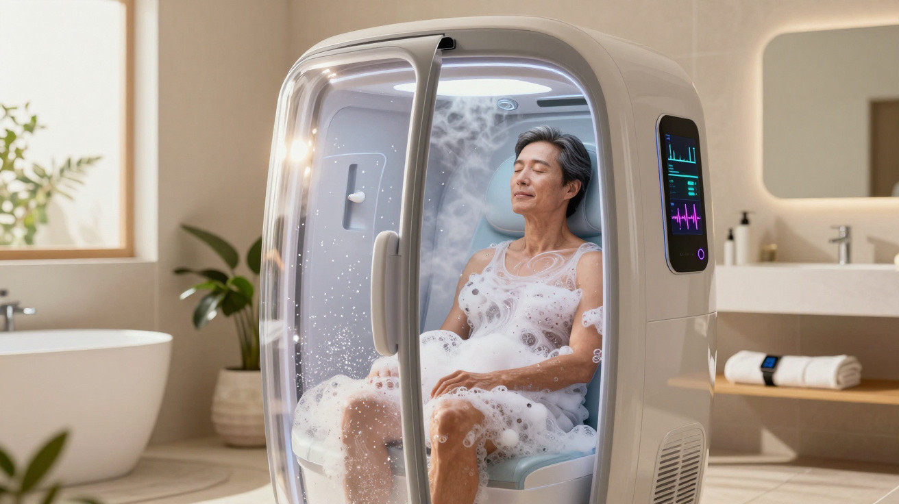 Middle-aged person relaxing inside a high-tech steam capsule in a bright, modern bathroom setting.