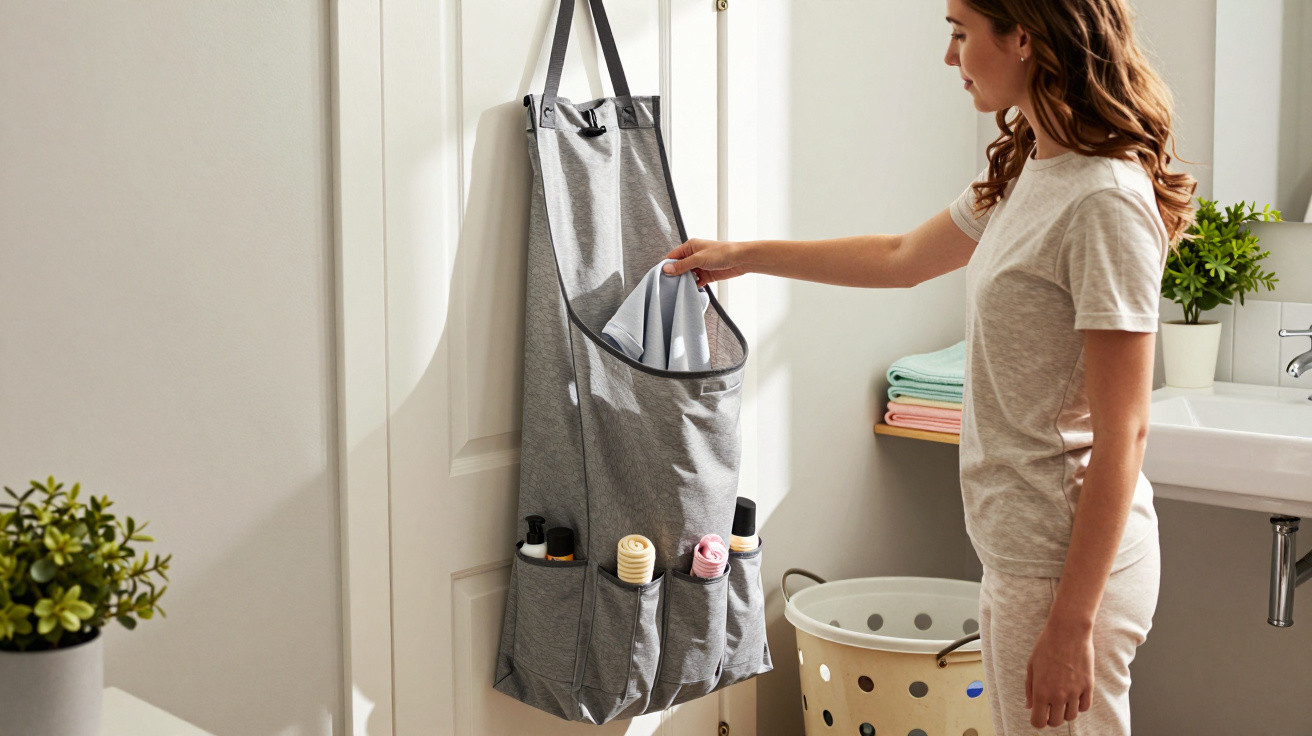 Woman in pajamas placing laundry in a hanging grey organizer on a door in a bright bathroom.