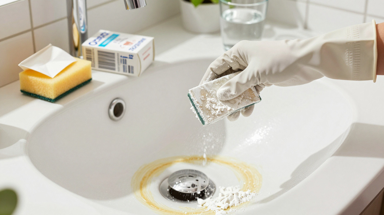 Hand in rubber glove sprinkling white powder cleaner into a stained bathroom sink drain.