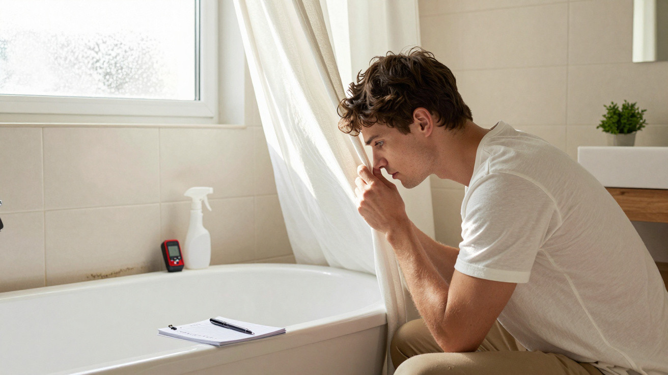 Man closely inspecting bathtub while holding shower curtain, with notebook and spray bottle nearby in bathroom.