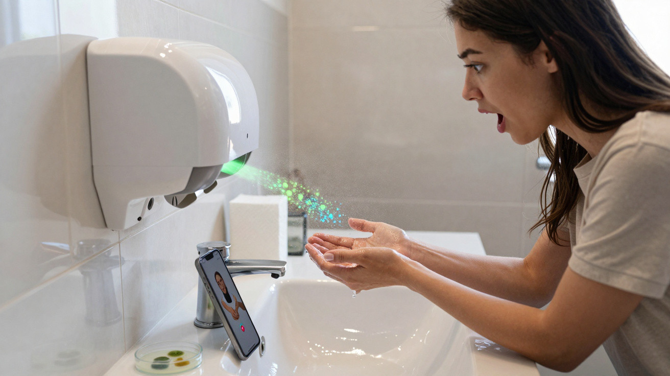 Woman washing hands under futuristic automatic soap dispenser with green light and sparkles in bathroom.