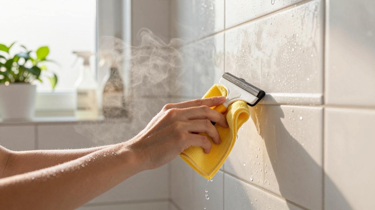 Hand wiping steam off wet white bathroom tiles with yellow cloth and squeegee in natural light.