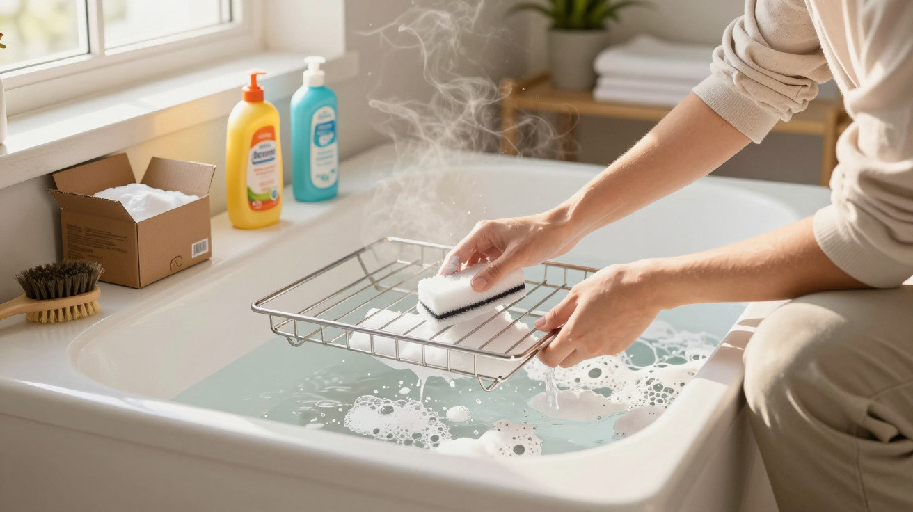 Person washing a steaming metal oven rack with a sponge over a soapy bathtub filled with water.