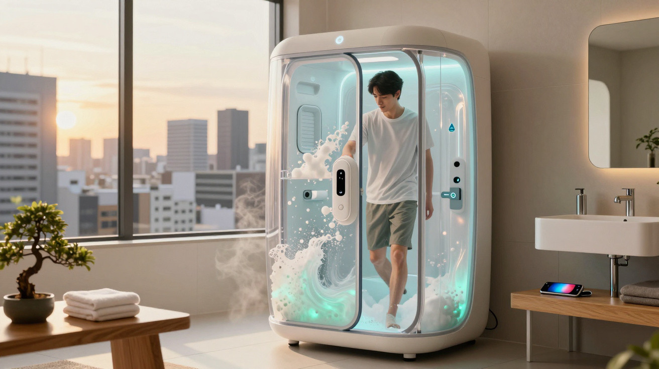 Man stepping out of a futuristic, illuminated shower pod releasing steam in a modern bathroom with city view.