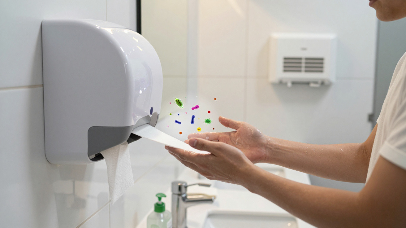 Person drying hands with paper towel dispenser showing colourful germs on hands in a public restroom.