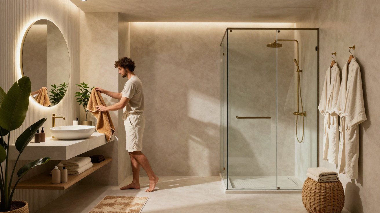 Man in casual clothes holding a towel next to a modern bathroom sink with a round illuminated mirror.