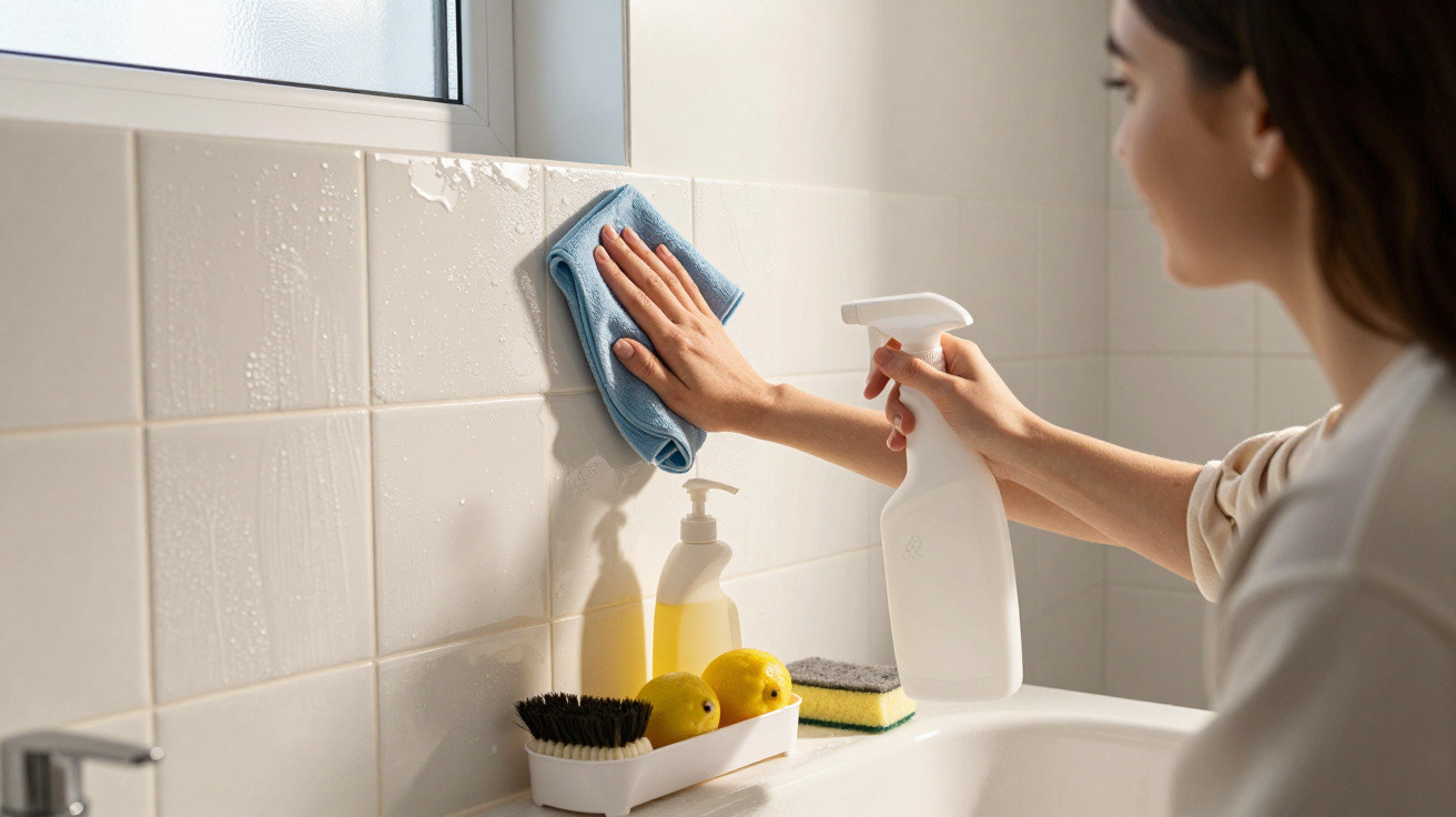Person cleaning white tiled wall near kitchen sink with blue cloth and spray bottle