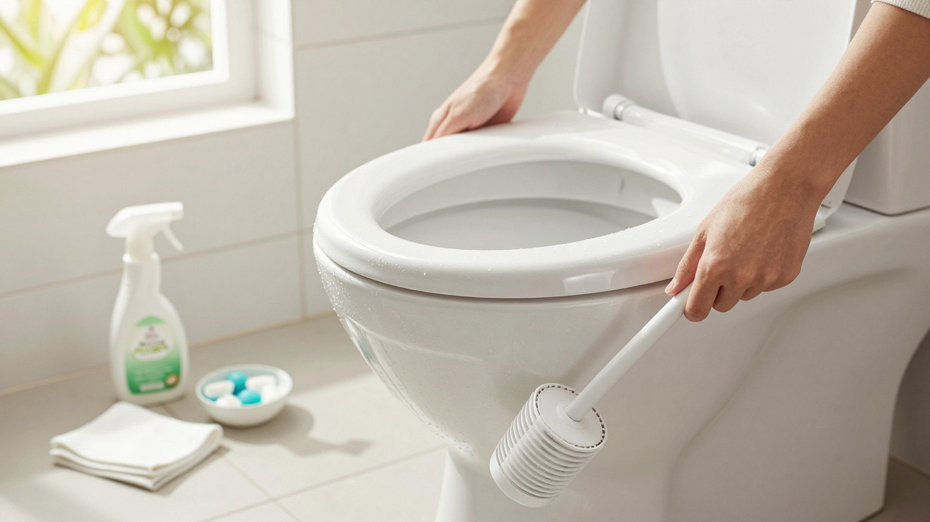 Person cleaning a white toilet with a brush in a bright, tiled bathroom near cleaning supplies.