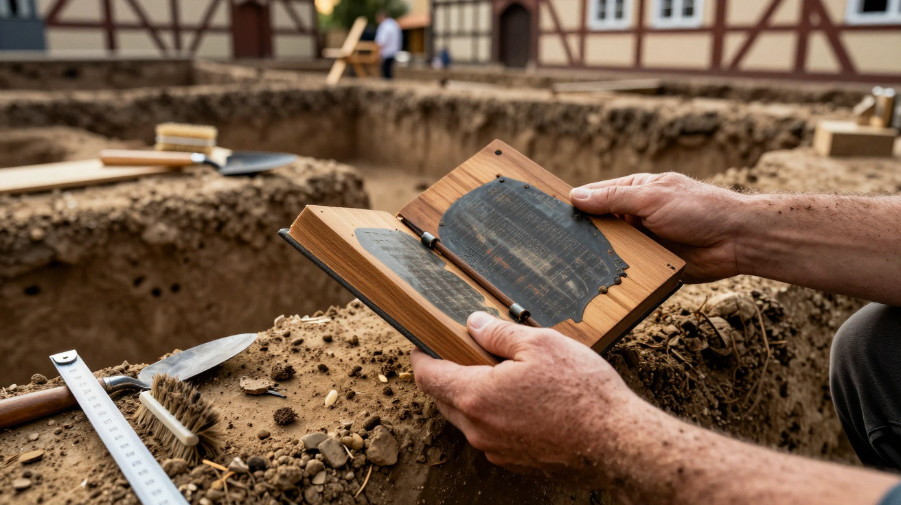 Archaeologist holding a wooden artifact with inscriptions at an excavation site surrounded by tools and soil.