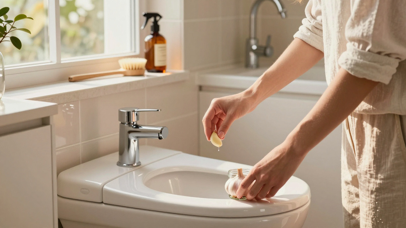 Person peeling a clove of garlic over a white sink in a bright kitchen with natural light.