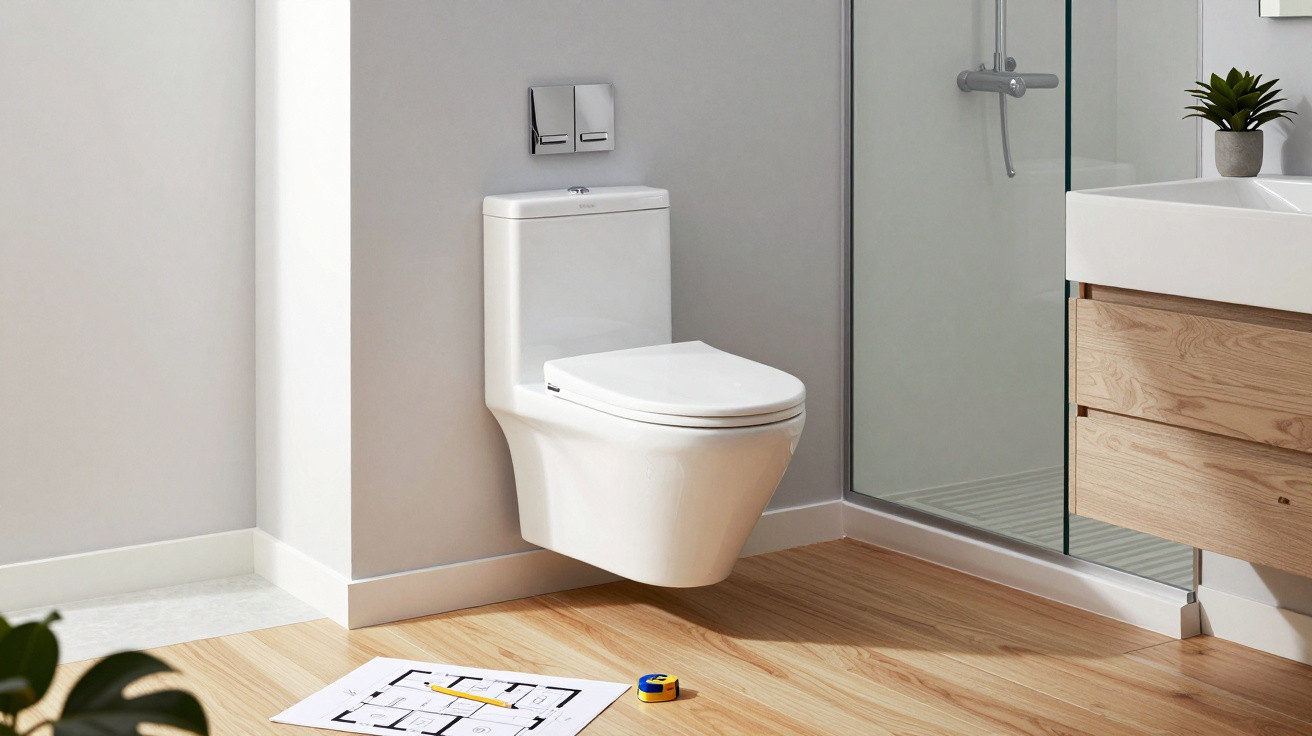 Modern wall-mounted white toilet in a minimalist bathroom with wooden floor and shower enclosure.