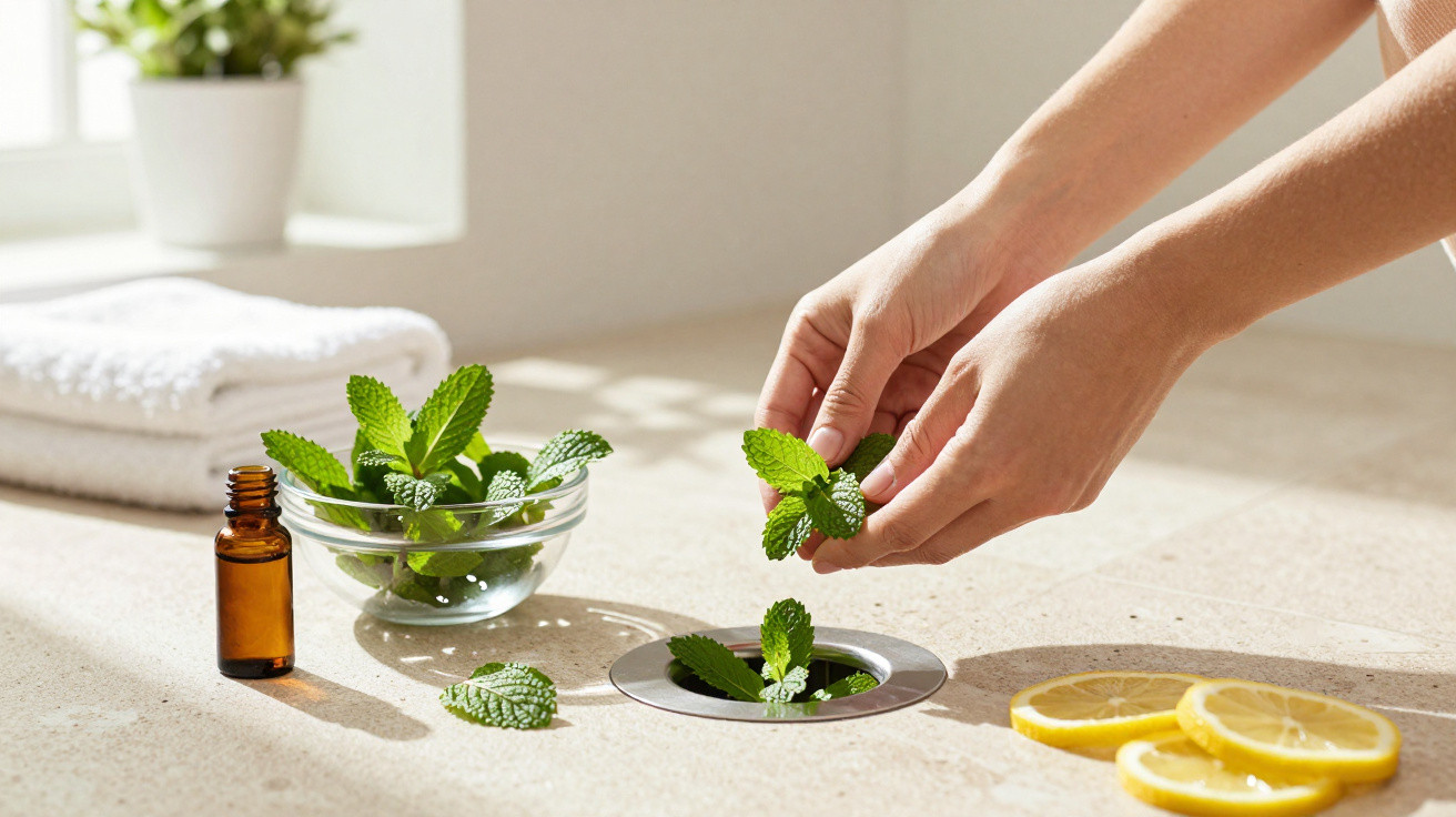 Hands placing fresh mint leaves into a sink drain with lemon slices, a small bottle, and a bowl of mint nearby.