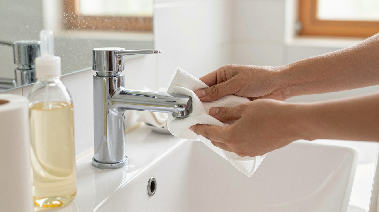 Person cleaning a chrome bathroom tap with a white cloth next to a soap dispenser and toilet roll.