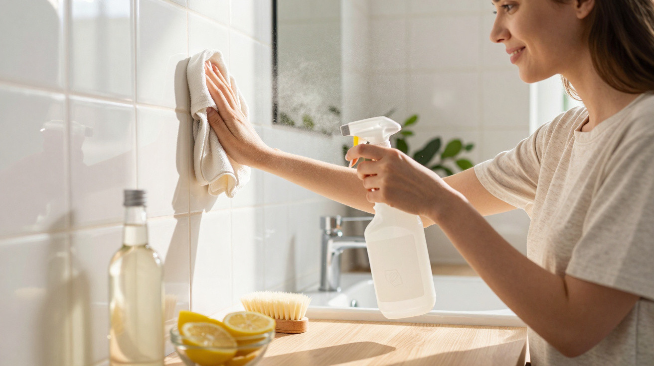 Woman cleaning a bathroom mirror with a cloth and spray bottle in a bright, tidy room.