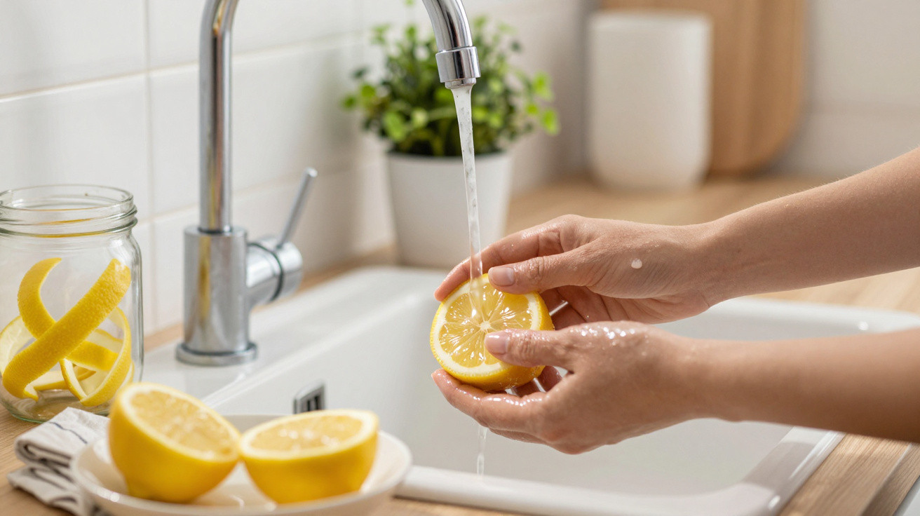 Person rinsing a lemon half under running water at a kitchen sink with lemon halves and peel nearby