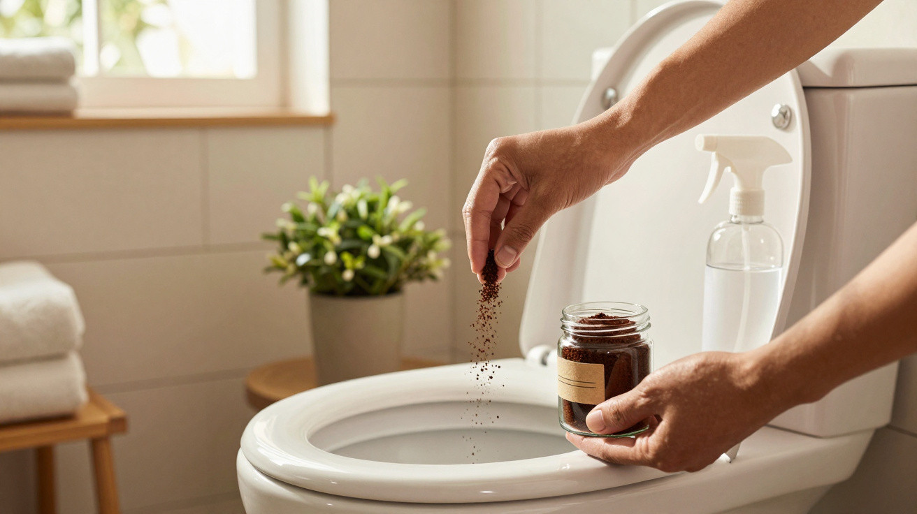 Person sprinkling coffee grounds from a jar into a white toilet bowl in a bright bathroom.