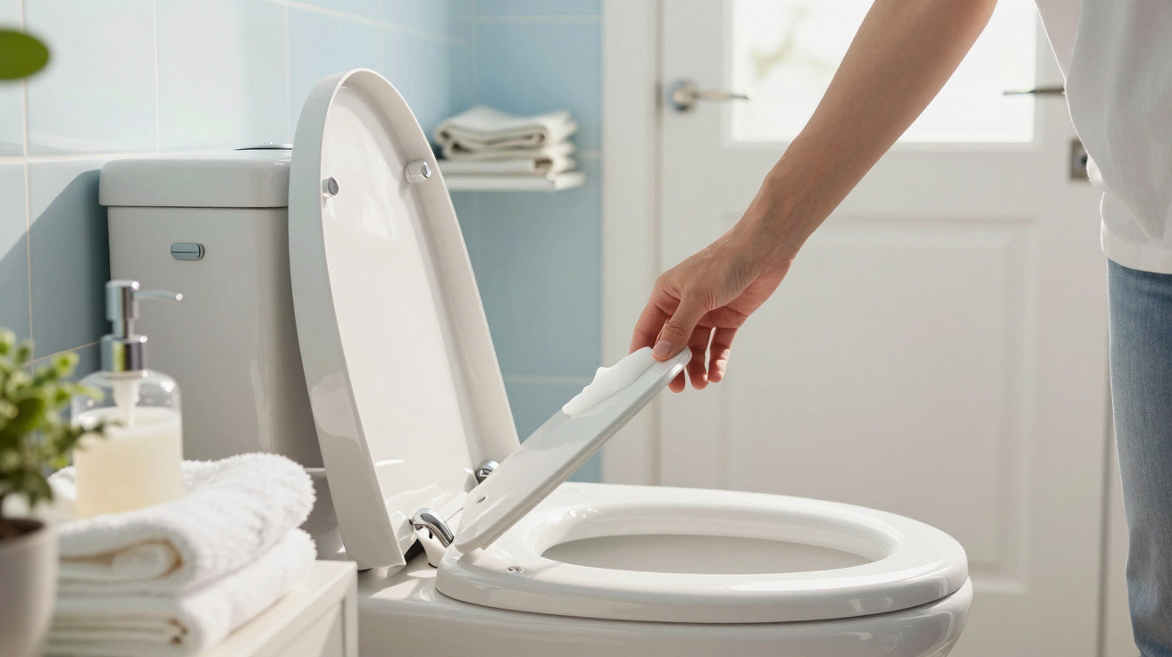 Person lifting the lid of a clean white toilet in a bright, tidy bathroom with blue tiles.