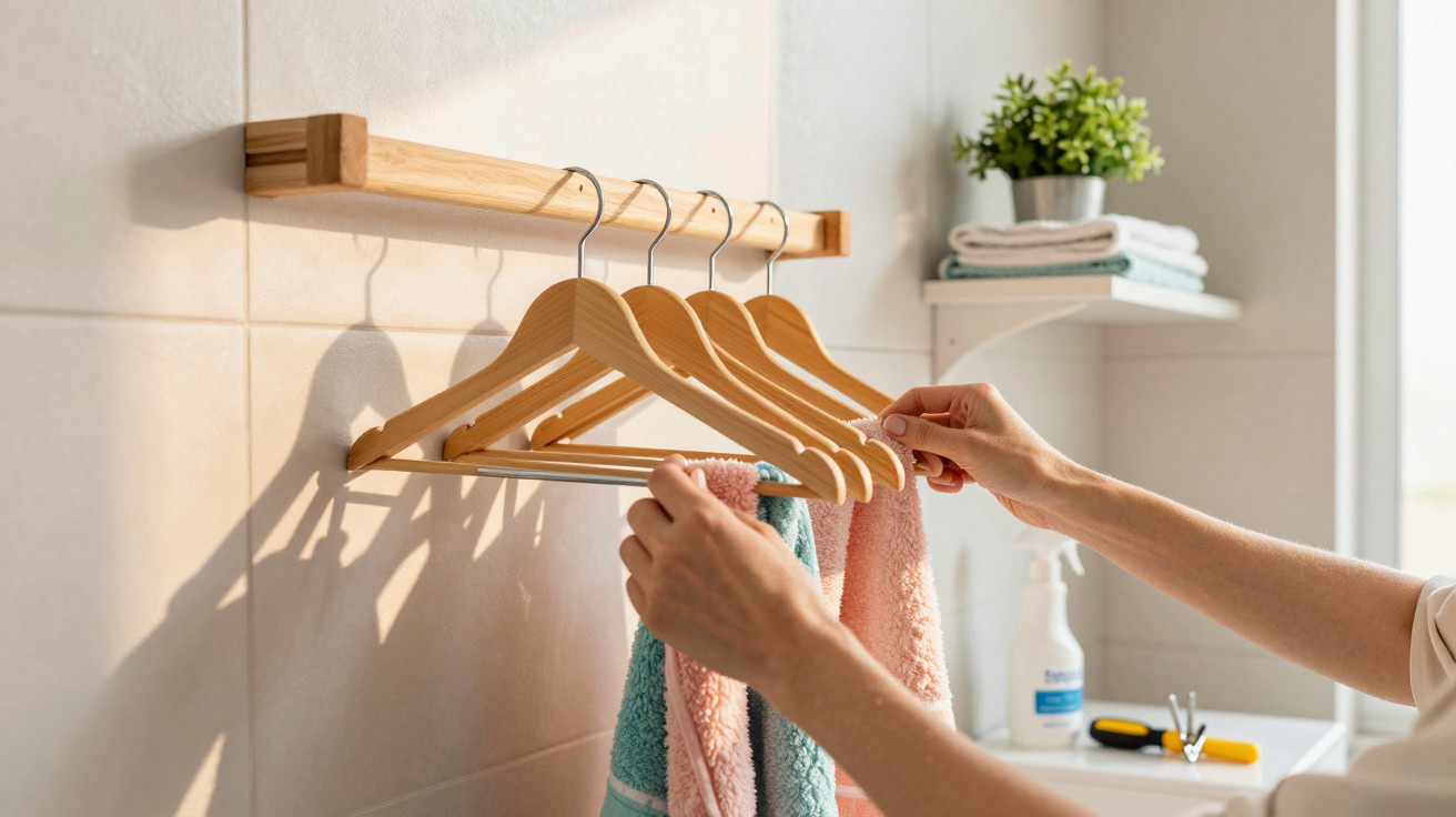Person hanging colourful towels on wooden hangers in a bright bathroom with a small plant and towels on a shelf.