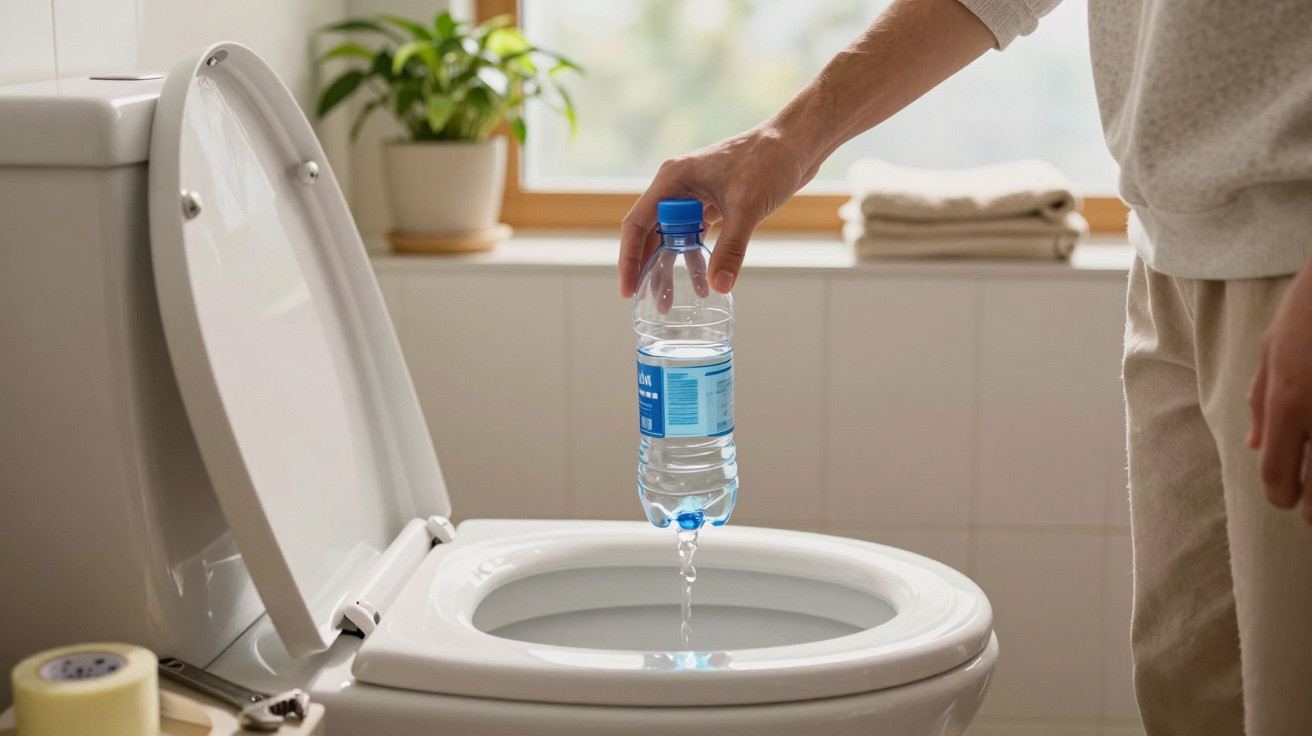 Person pouring water from a plastic bottle into an open toilet bowl in a bright bathroom.