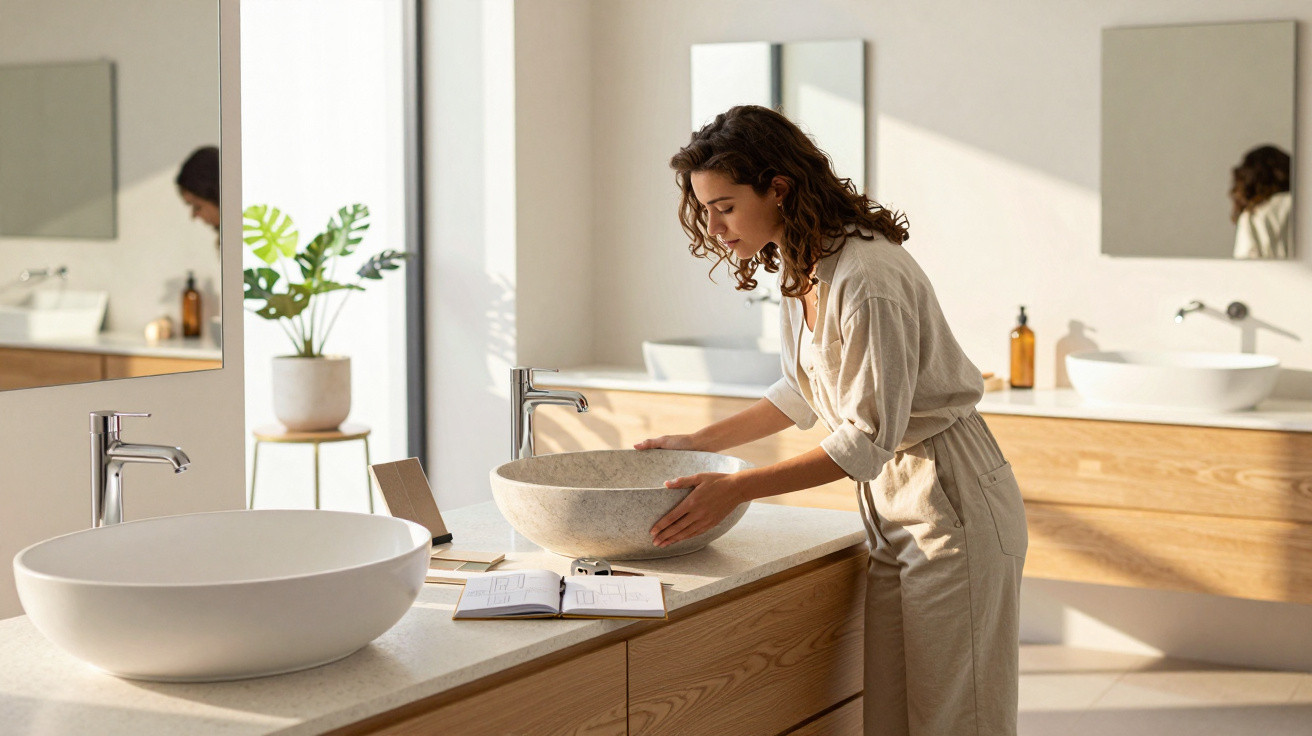 Woman adjusting a stone sink basin in a modern, sunlit bathroom with wooden cabinets and mirrors.