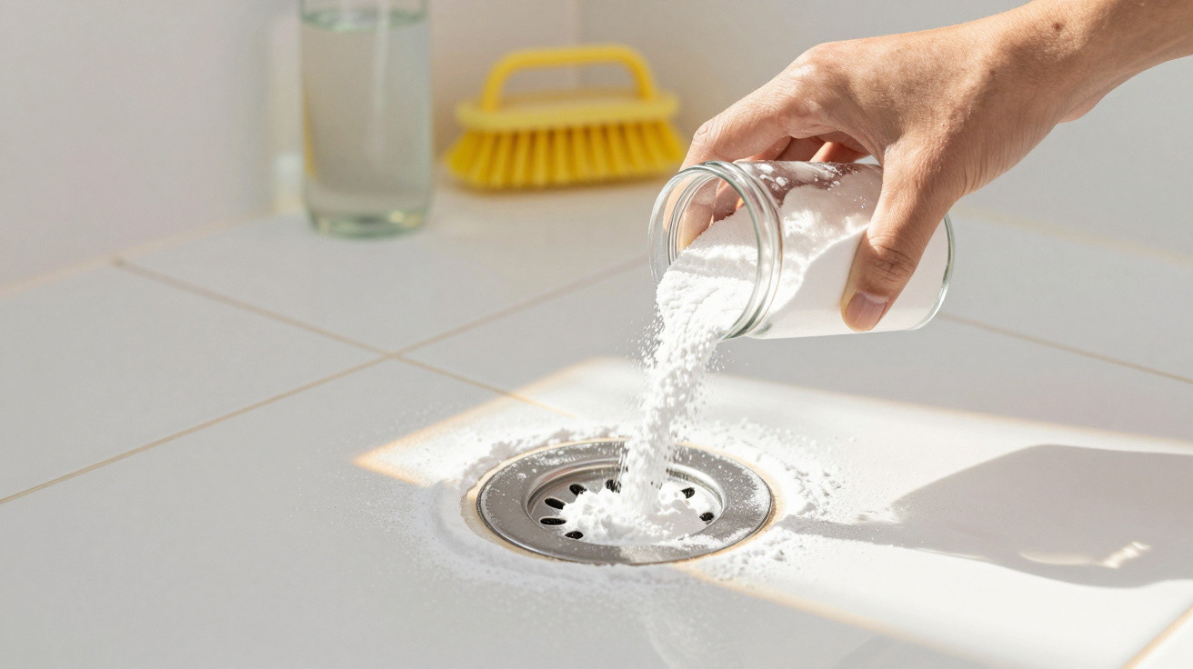 Hand pouring white powder from a glass jar into a kitchen sink drain on a tiled surface.