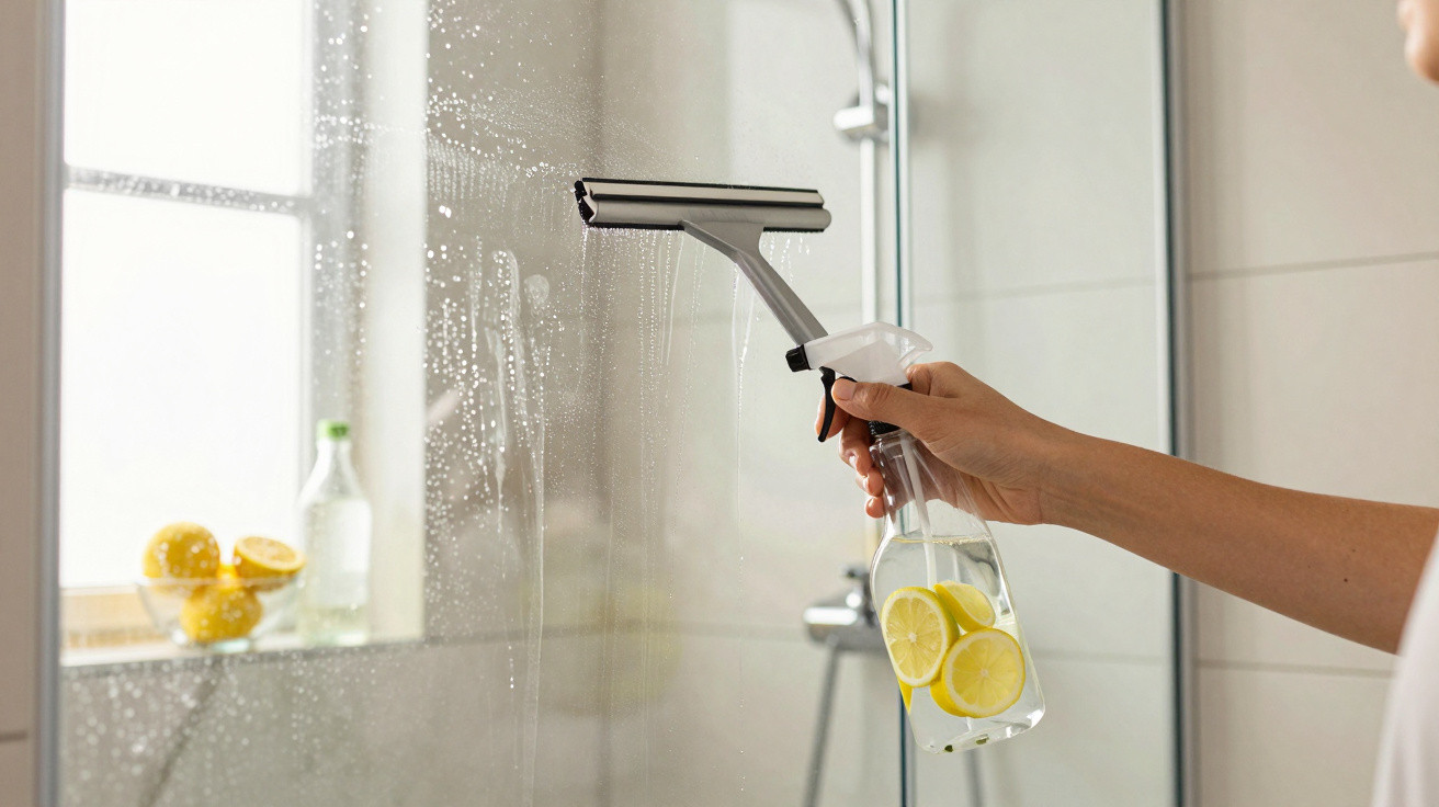 Person cleaning a glass shower door with a squeegee and spray bottle containing lemon water.