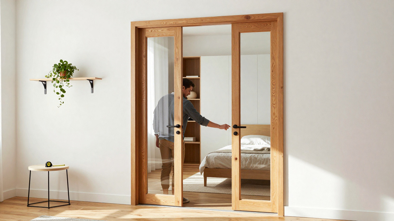 Man opening wooden framed glass door leading to a bright bedroom with bed and shelves, modern minimal decor.
