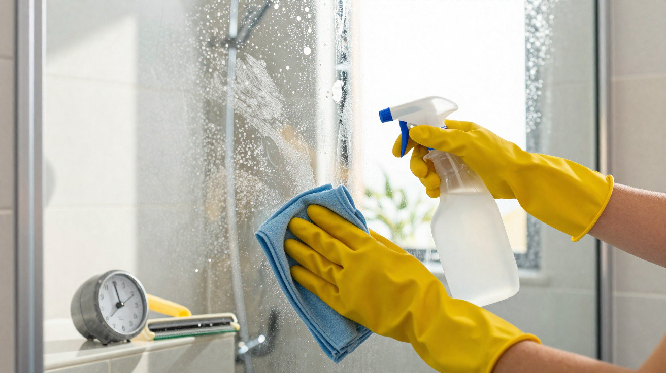 Person wearing yellow gloves cleaning a bathroom mirror with spray bottle and blue cloth.