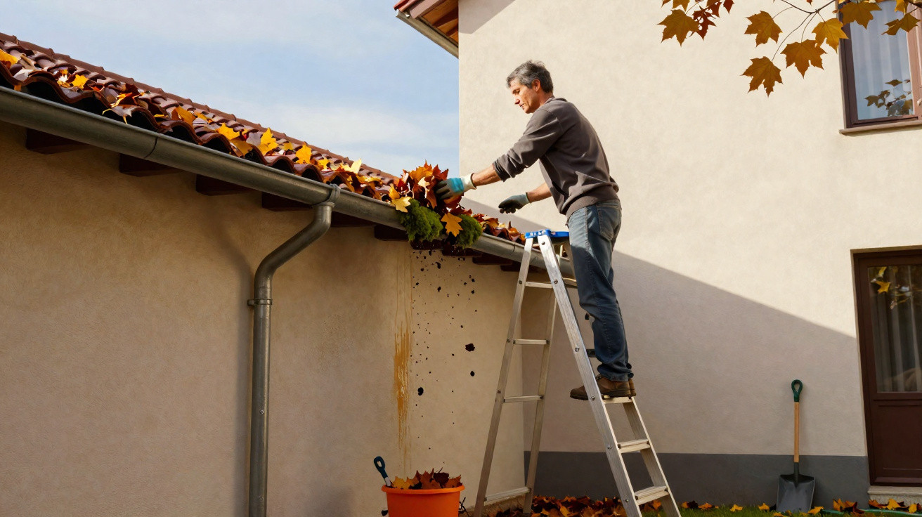 Man standing on ladder clearing autumn leaves from house gutters on a sunny day.