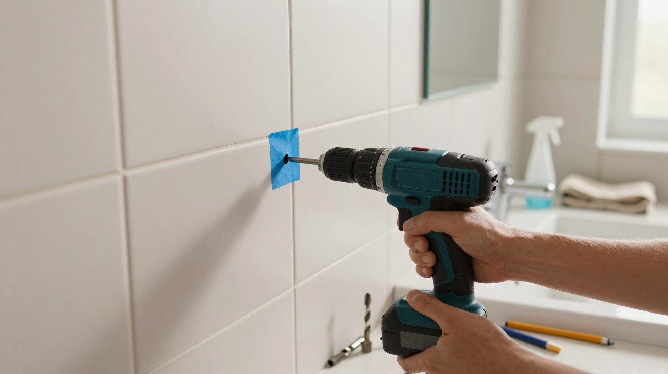 Hands using a cordless drill on blue painter's tape on a tiled bathroom wall.