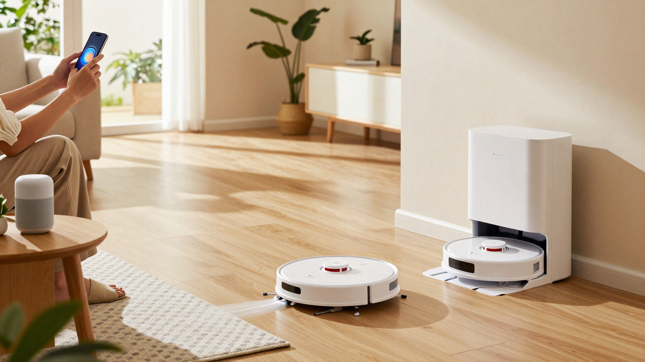 Person controlling a white robot vacuum and docking station with a smartphone in a modern living room.