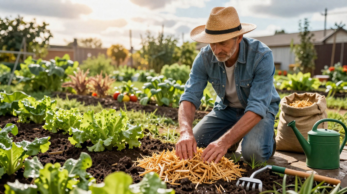 Man in a straw hat spreading straw mulch on vegetable garden soil on a sunny day.
