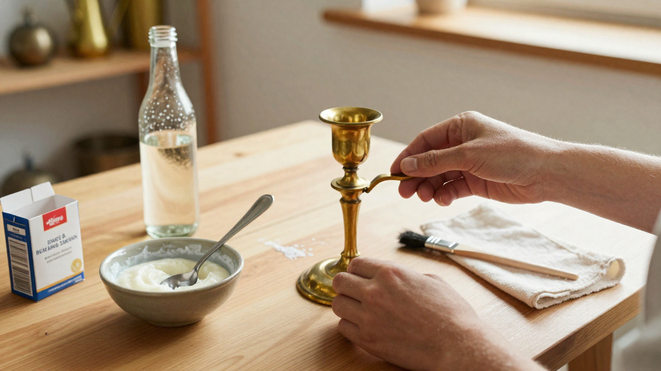 Person polishing a brass candlestick on a wooden table with baking soda, water, cloth, and brush nearby.