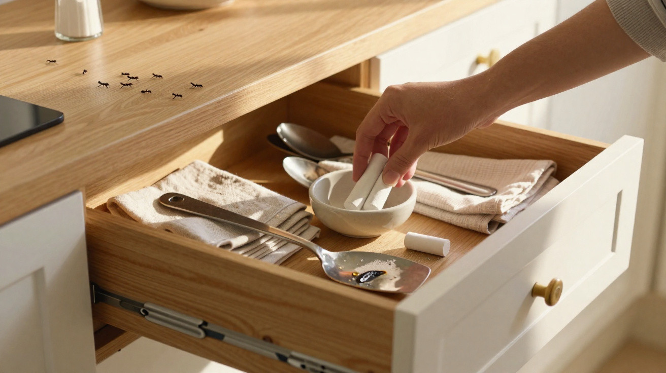 Person placing ant bait in kitchen drawer with ants crawling on wooden countertop nearby