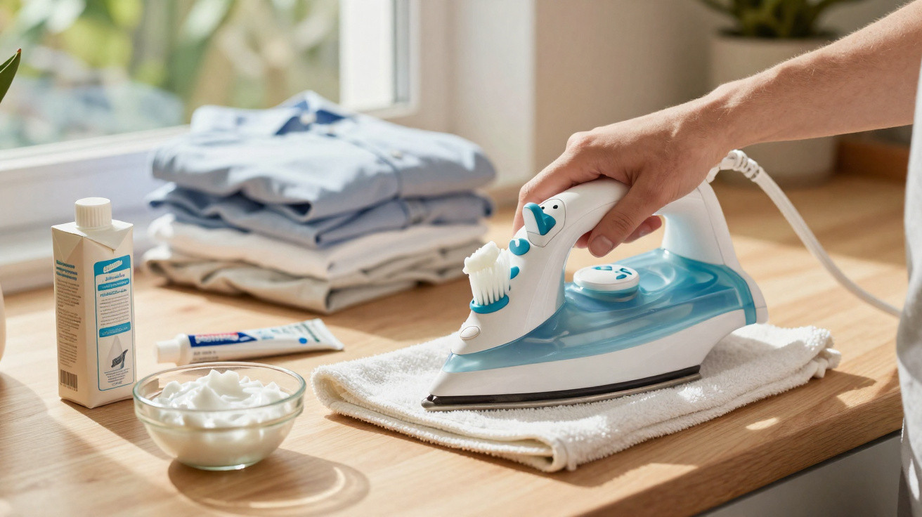 Person ironing a white cloth on a wooden table with stain remover products on the side near a window.