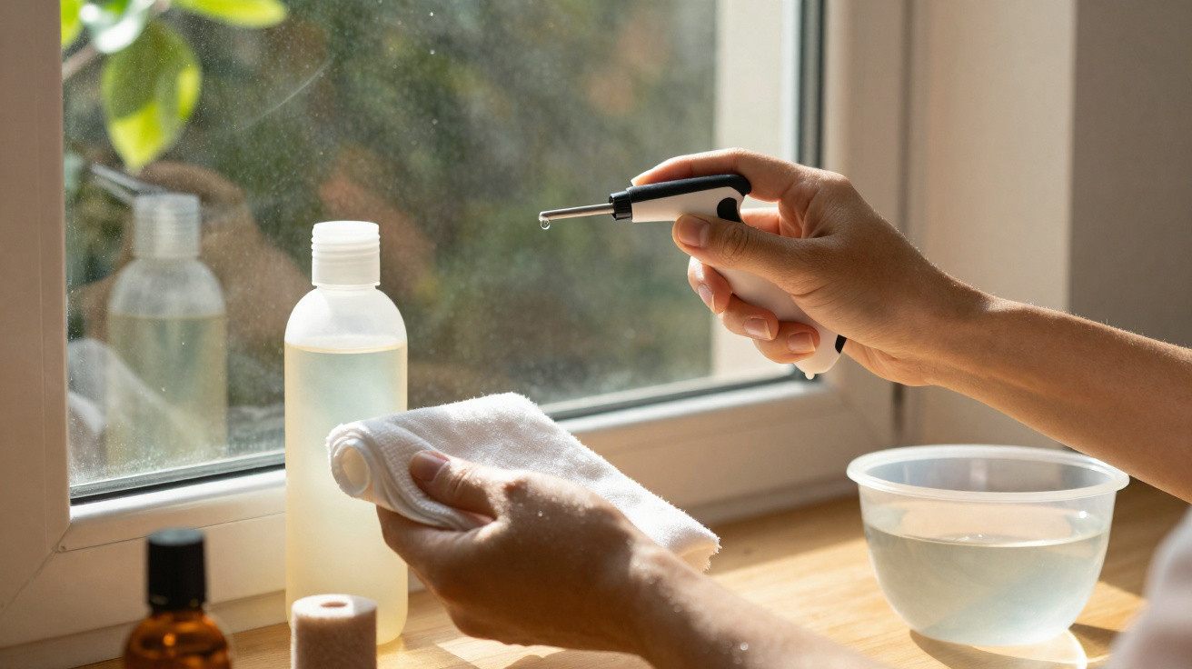 Hands using a spray bottle and cloth to clean a window with cleaning supplies on a wooden surface.