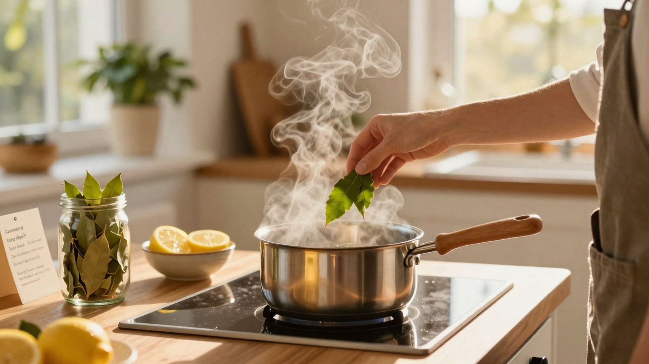 Hand adding fresh bay leaf into steaming saucepan on modern kitchen stove with lemons nearby.